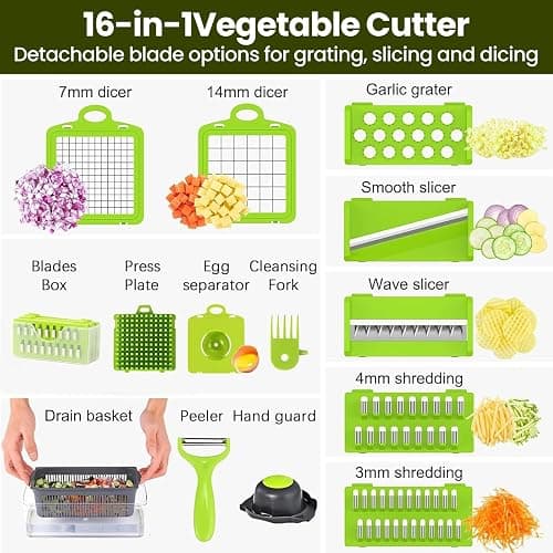 Vegetable Chopper - Vegetable Cutter 16 in 1 Mandoline Vegetable Slicer, Multifunctional Vegetable Cutter with 7 Blades, Cleaning Brush and Peeler, Veg Chopper and Dicer for Onion Garlic Potato Salad thumbnail 4