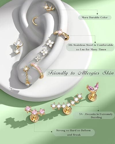 ORAZIO Cartilage Earrings Women Flat Back Tragus Helix Piercing Jewelry 16G | Hypoallergenic Surgical Steel Gold Plated Flatback Stud Hoop Earring Stacks Daith Conch Piercing Jewelry Single PC thumbnail 8