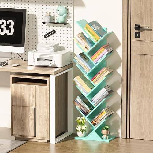 SHEEPAM 10 Tier Tree Book Shelf, Floor Standing Wood Bookshelf for Narrow Space, Storage Organizer Bookshelves for Books/CDs/Magazine, Bookcase with Shelves for Home Office, Living Room - Green thumbnail 5