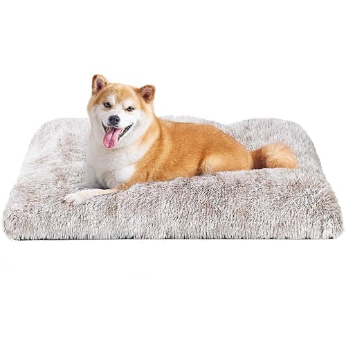 EHEYCIGA Fluffy Dog Crate Bed for Large Dogs, Plush Faux Fur Crate Pad, Calming Anti Anxiety Large Dog Bed, Washable Soft Warm Mat with Non-Slip Bottom, Brown - Image 1