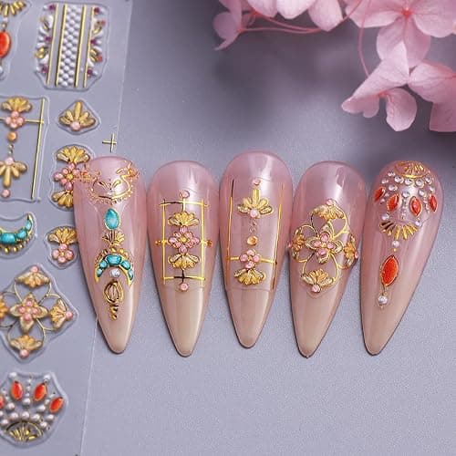 Sun Moon Nail Art Stickers 5D Embossed Totem Bohemian Style Nail Decals 2PCS Metallic Gold Lace Lines Green Gem Luxury Design Nails Adhesive Stickers Supply for Women DIY Manicure Decorations thumbnail 8