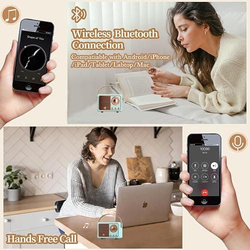 QUEQIMU Retro Bluetooth Speaker, Wireless Mini Portable Speakers Support USB/TF Card/AUX, Vintage Decor, Retro Radio Bluetooth Speaker for Kitchen Desk Bedroom Office Outdoor, Gifts for Teens, Blue thumbnail 5