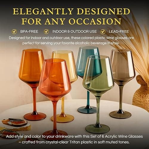 European Style Plastic Crystal, Stemmed Wine Glasses | Set of 6 | Acrylic Tritan Drinkware, Unbreakable Muted Color Shatterproof BPA-free, Reusable, Floating Pool & Indoor & Outdoor, Hand Wash 15oz thumbnail 2