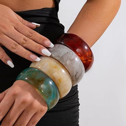 NIDONE Armreifen, 4pcs Acrylbänder, farbenfrohe geometrische klobige Harzbänder Set Wide Dome Form Armband Fashion Holiday Juwely für den Alltag thumbnail 4