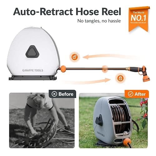 Giraffe Tools Heavy Duty Retractable Hose Reel, 5/8" x 92FT Automatic Rewind Garden Hose Reel with 360° Swivel Base, Ground Mounted for Lawn, Patio, Concrete Floor & Yard Watering thumbnail 3