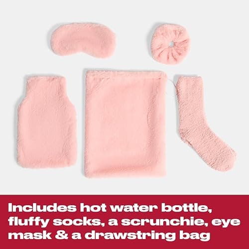 OHS Hot Water Bottle Gift Set Blush Pink, Gift Set Women Super Soft Warm Cosy Winter Christmas Gifts - 750ml Hot Water Bottle with Cover, Eye Mask, Fluffy Socks, Fluffy Scrunchie, Draw String Bag thumbnail 3