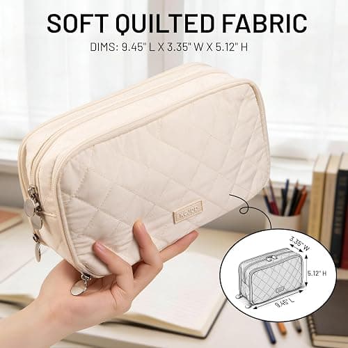 Kcjdd Cute Pencil Case for School, Soft Quilted Pencil Pouch Organizer with 3 Compartments, Large Double Zipper Pencil Bag for Teen Girls, Boys & Women (Beige) thumbnail 9