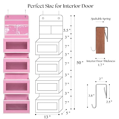Over Door Organizer with 4 Large Capacity Pockets, Hanging Organizer Storage for Closet Bathroom Nursery Bedroom Dorm, Toys Cosmetics Sundries and Baby Essentials, Pink thumbnail 2