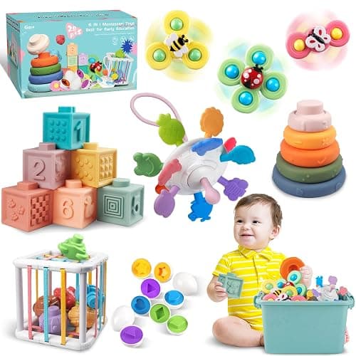 Weilim Baby Toys for 6 to 12 Months, Montessori Sensory Bins & Teething Toys, 6 in 1 Stacking Blocks, Rings, Eggs, Spinner, Crab Shape, 27 Pieces, Ages 6-36 Months - Image 1