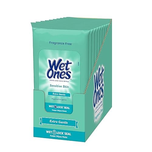 Wet Ones Sensitive Skin Hands and Face Wipes, 20 Count Travel Pack (Pack of 10) - Hand Wipes