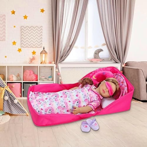 American Doll Travel Case Shoulder Bag for 18 Inch Dolls Accessories Set - Portable Bassinet with Pajamas & Rainbow Pony Handbag for Girl - Pillow Eye Mask Playset (Dolls Not Included) thumbnail 2