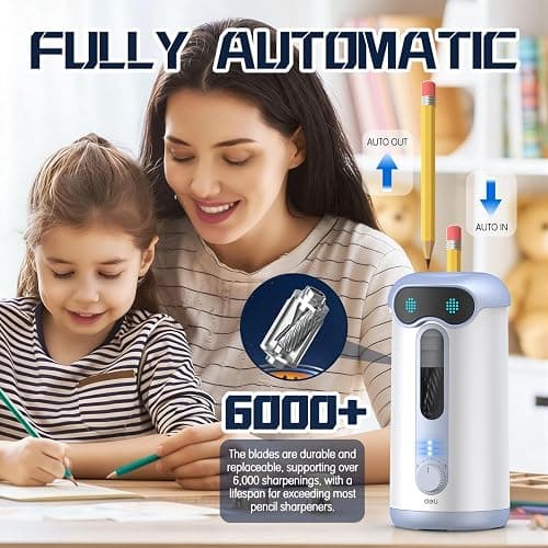 deli Electric Pencil Sharpener, Fully Automatic Pencil Sharpener for 7-11mm Colored/Jumbo Pencils, Auto in & Out, Rechargeable Hands-Free Pencil Sharpener for Classroom Home Office, Low Noise, Blue thumbnail 2