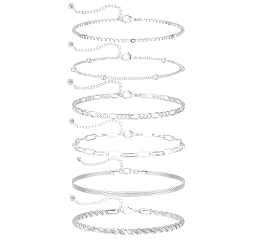 DEARMAY Dainty Silver Plated Bracelets for Women Trendy, Silver Jewelry Set for Women Bracelets for Women Paperclip Box Herringbone Figaro Rope Chain Bracelet Fashion Pack Gifts for Women thumbnail 9