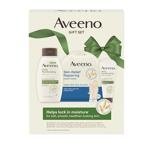 Aveeno Daily Moisture Gift Set, Skincare Set for Dry Skin with Nourishing Body Lotion, Moisturizing Body Wash, & Skin Relief Hand Mask, Formulated with Prebiotic Oat, Paraben-Free, 3 Items - Image 1