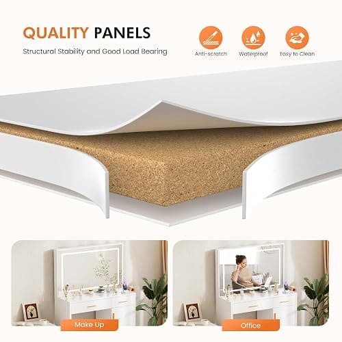 Sweetcrispy Vanity Desk with 35.4" LED Mirror and Lights, Makeup Vanity Table with Charging Station (2AC/USB/C), 2 Drawers & Large Cabinet, 3 Lighting Color Adjustable, Modern Dressing Table, White thumbnail 7