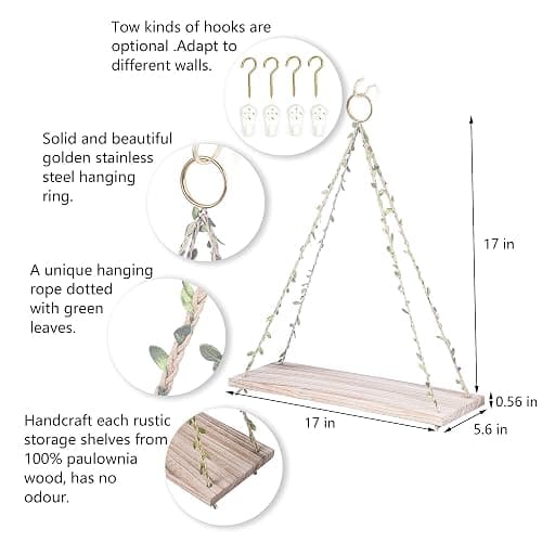 MITIME Hanging Shelves for Indoor Wall and Window - Floating Wall Shelves for Plant Display, Boho Style Home Decor.(Leaf Rope, Light Color,Large*2) thumbnail 2