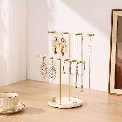 Josmimic Gold Jewelry Holder Stand with Ceramic Tray: Small Hanging Necklace Organizer Tree for Earrings, Bracelets, Rings – Jewelry Display Hanger for Women & Girls, White thumbnail 5