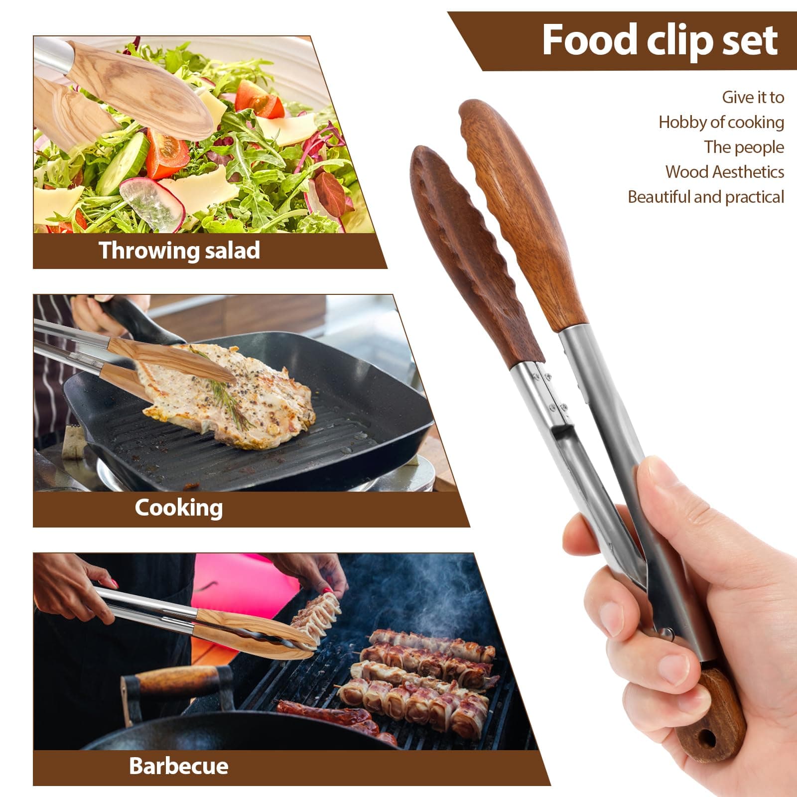 2 Pcs Walnut Wooden Kitchen Tongs Wood Food Tongs Salad Tongs with Wooden Tips, Locking Tongs Wood Serving Tongs for Flipping Cooking Grilling thumbnail 6