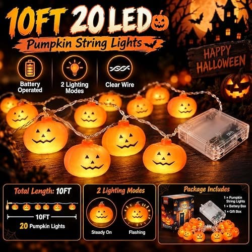 Besitek Halloween Pumpkin String Lights, 20 LED,10FT, Battery Operated | Festive pumpkin string lights create a fun Halloween atmosphere for indoor and outdoor seasonal decorating. thumbnail 2