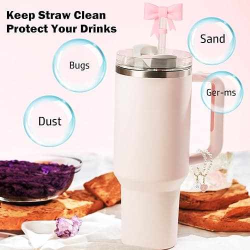 LUHOHI Pink Bow Stanley Straw Topper, 2pcs Pearl Chain for Stanley Cup Accessories Initial Letter Charms Handle with 2pcs Straw covers for Water Bottle Jewelry Tumbler Personalized Decorations Tag D thumbnail 2