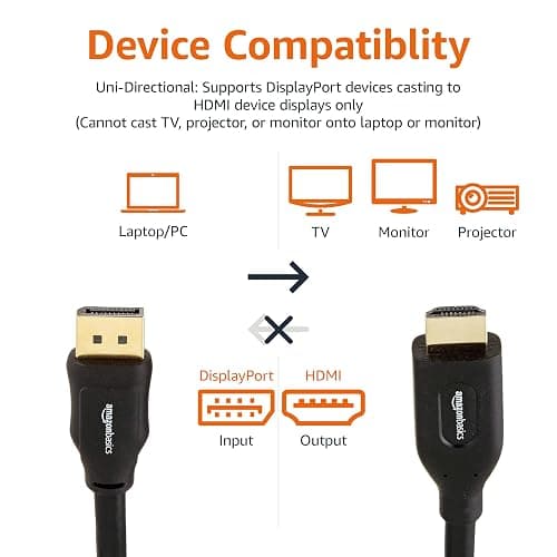 Amazon Basics DisplayPort to HDMI Cable, Uni-Directional, 4K@30Hz, 1920x1200, 1080p, 6 ft, Black thumbnail 2