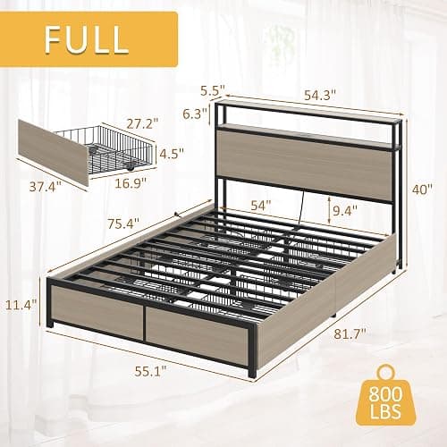 Lifezone Full Bed Frame with 2-Tier Storage Headboard, Metal Platform Bed Frame with 4 Storage Drawers, Built in Charging Station & LED, Noise-Free/Metal Support/No Box Spring Needed, Beige thumbnail 2