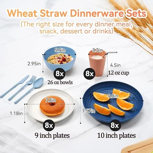 Wheat Straw Dinnerware Sets,64-Piece Plates and Bowls Sets for 8-Unbreakable,Reusable Plastic Dish Set-Dinner Plate/Dessert Plate/Cereal Bowl/Cup/Utensils-Microwavable Dishwasher Safe 64P-Deep Blue thumbnail 2