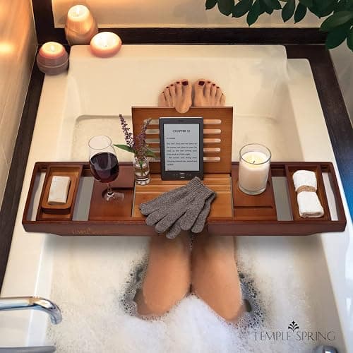 Temple Spring Wooden Bath Tray, Bath Shelf Bathroom Accessory, Home Spa Boards for Adults, Bathtub Caddy, Bamboo Bathroom Accessories Set, Extendable Bathtub Rack with iPad & Phone Holder -Wood Brown thumbnail 2