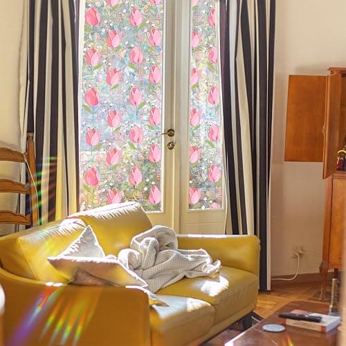 WBQMUNY Window Film,Rainbow Window Privacy Film,Tulip Vine Double Sided Static Glass Window Clings Stickers for Home Office Living Room Bathroom Glass Windows Door Decor17.7" x 43.3" thumbnail 4