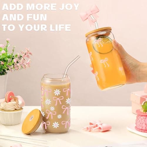Skylety Set of 2 Coquette Bow Glass Cup 16oz Pink Glass Cup with Lids and Straws Reusable Pink Bow Silicone Straw Toppers Lids Protectors 2 Brush for Drinking Coffee Tea Cocktail(Bow) thumbnail 7