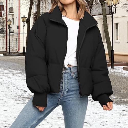 Women’s Winter Cropped Puffer Jacket Coat Casual Quilted Baggy Long Sleeve Zip Down Jackets Outerwear thumbnail 6