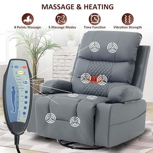 KCQ Swivel Rocker Recliner Chair with Massage and Heat, Oversized Wide Seat Faux Leather Manual Rocking Recliner Chair for Adults, Grey thumbnail 6