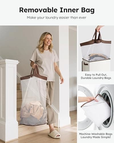 SOLEDI Laundry Hamper with Lid 100L Large & Tall Collapsible Laundry Basket, Clothes Hamper with Bag Removable Easy to Carry, Dirty Hampers for Bedroom, Bathroom, Dorm, College, Off-White thumbnail 5