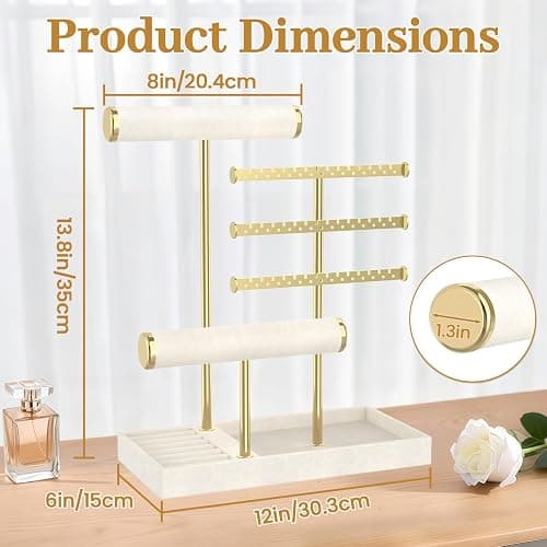MODOWEY Necklace Holder Earring Stand Organizer, Wooden Velvet Bracelet Tree Rack with Ring Tray for Vendor Women Display Selling, Countertop T Bar Jewelry Tower Keep Everything Visible & Within Reach thumbnail 2
