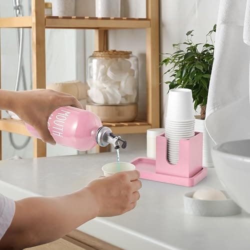 Glass Mouthwash Dispenser for Bathroom, 16 OZ Mouthwash Dispenser with Pour Spout and Wood Cup Holder and Tray, Mouth Wash Bottle Container, Farmhouse Kitchen Bathroom Decor and Accessories, Pink thumbnail 6