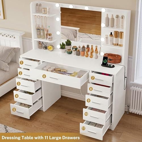 FIONESO Large Vanity Desk with Mirror and Lights, Makeup Vanity with 11 Drawers & 6 Open Shelves, 3 Lighting Modes, Brightness Adjustable, Vanity for Girls, White thumbnail 4