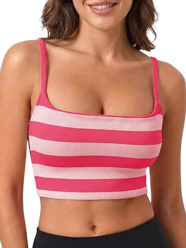 Aoysky Womens Striped Square Neck Sports Bras Spaghetti Straps Ribbed Padded Low Impact Yoga Workout Camisole - Image 1
