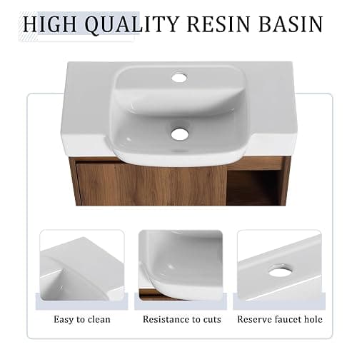 KEIKI 24'' Bathroom Vanity Cabinet with Ceramic Sink & Open Shelf, Wall Mounted Floating Bathroom Vanity with Soft-Close Cabinet Door, for Small Bathroom, Brown Ebony - 24" thumbnail 4