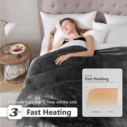 Wapaneus Heated Blanket Electric Throw 72" x 84" Full Size with 10 Heating Levels 12 Hours Time Setings and Auto-Shut Off, Flannel Fast-Heating Electric Blanket, Dark Grey thumbnail 8