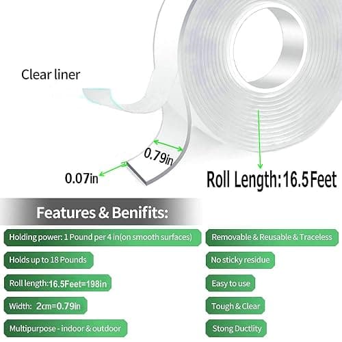 Jwxstore Double Sided Mounting Tape Heavy Duty, Clear Multipurpose Removable Sticky Strips, Reusable Strong Wall Tape Picture Hanging Strips Poster Carpet Tape, 5.0m X 2.0cm thumbnail 2
