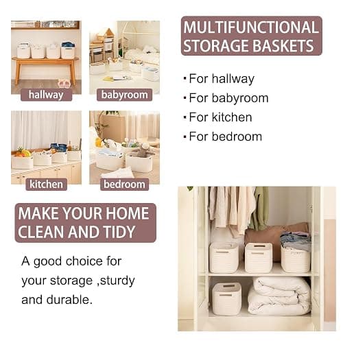 OIAHOMY 4 Pack Storage Baskets for Organizing, Cube Storage Bins for Shelves, Rectangle Storage Baskets With Handles, Woven Baskets for Storage, 12.7''Lx9''Wx7.8''H, White thumbnail 6