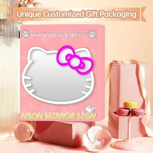 MCJSGSP Anime Hello Kit Cat Neon Sign Mirror L16.1 W14 Vanity Mirror with Lights Bedroom Wall Mirror for Pink Room Decor and a Makeup Mirror with Lights Teen Girl Gifts thumbnail 3