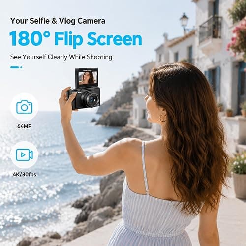 4K Digital Camera for Photography, 64MP Vlogging Camera with 180° Screen | Compact Point And Shoot Camera With WiFi, 32GB Card, 2 Rechargeable Batteries, Portable Travel Camera, Black thumbnail 2