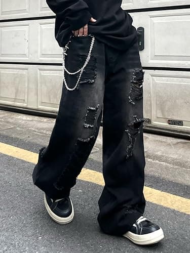 DFGIGT Hip Hop Baggy Jeans for Men with Hole Distressed Wide Leg Skater Jeans Loose Fit Denim Pants Streetwear thumbnail 2