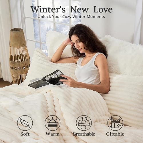 Sasttie Fluffy Comforter Set Queen 3 Pieces - Super Soft & Fuzzy Cream White Comforter Set for Winter Warm Fleece Bedding, 1 Luxury Heavy Faux Fur Down Alternative Comforter with 2 Pillow Cases thumbnail 3