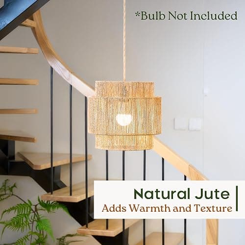 Chi An Home 11.8" Boho Jute Plug in Pendant Light, Handwoven Natural Hanging Lamp Plug in with Dimmable Light Switch, Wicker Hanging Light Fixture for Bedroom Living Room Kitchen (No Bulb Included) thumbnail 2