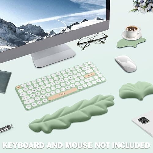 Lauspuck Keyboard Wrist Rest Pad Set, Leaf Shape PU Leather Memory Foam Wrist Cushion Support,Mouse Wrist Rest Pad,Non-Slip Wrist Support for Easy Typing Pain Relief, Green Leaf thumbnail 2