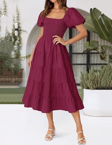 ZESICA Women's 2025 Summer Square Neck Short Puff Sleeve Solid Color High Waist Casual Smocked Flowy A Line Tiered Midi Dress thumbnail 3