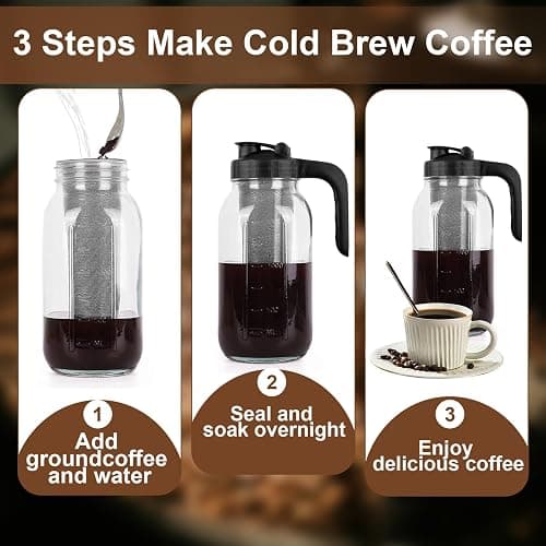Cold Brew Coffee Maker Pitcher, 64 Oz Heavy Duty Glass Mason Jar Pitcher with V-shaped Pour Spout Handle Lid,Stainless Steel Filter for Iced Coffee,Iced tea,Fruit Drinks,lemonade - Black thumbnail 5