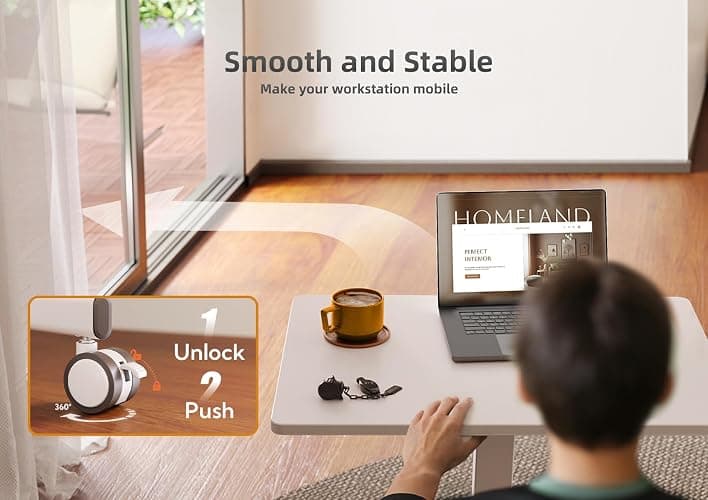 Claiks Mobile Standing Desk, Small Rolling Workstation with Wheels, Pneumatic Laptop Desk for Home Office with Hook, White thumbnail 9